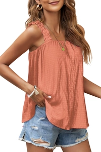 Women's summer coral orange ribbed tank top with ruffle straps and loose A-line hem
