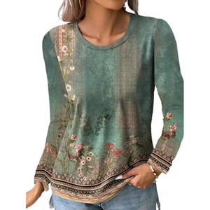 T-shirt vintage vert à manches longues pour femmes avec imprimé floral et col rond