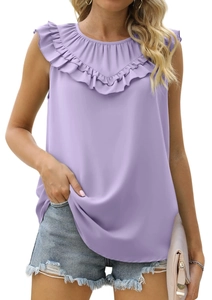 Detail of lavender sleeveless chiffon top with ruffled V-neckline for summer casual look