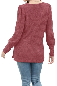 Rear view of long sleeve ribbed knit T-shirt in dusty rose with a round neckline