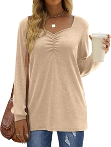 Detail of V-neckline and gathered pleats on khaki long sleeve slim fit knit top