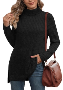 Detail of high neck ribbed knit sweater featuring a stylish side split hem design