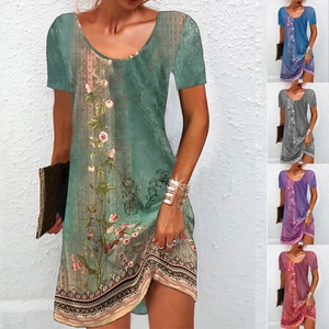 Women's Casual Short Sleeve Round Neck Floral Print A-Line Mini Dress Vintage Bohemian Summer Beach Loose Fit Sun Dress