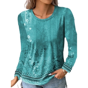 Haut à manches longues turquoise pour femmes avec imprimé floral vintage et col rond
