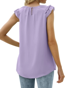 Detail view of purple sleeveless chiffon top showing back keyhole closure and ruffle sleeves