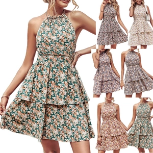 Robe Mini en Mousseline Dos Nu Imprimé Floral Robe d'Été Bohème Plage Vacances Sans Manches Femme