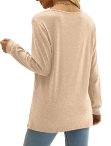 Back view of apricot long sleeve top with soft brushed fabric and a round neckline