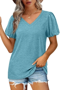 T-shirt femme à col en V et manches bouffantes en tissu mélangé bleu gris chiné élégant