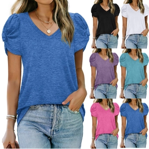 Women Casual V Neck Short Sleeve T-Shirt Solid Color Twisted Puff Sleeve Cotton Blend Daily Top