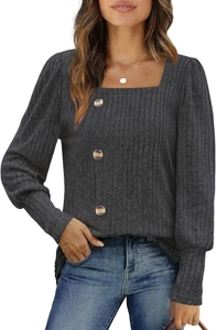 Detail view of ribbed square neck T-shirt with decorative buttons in dark grey