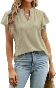Women's V-neck beige eyelet embroidery top with ruffle sleeves and knit texture