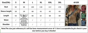 Size guide for women's V-neck printed long sleeve shirt from small to 3XL sizing