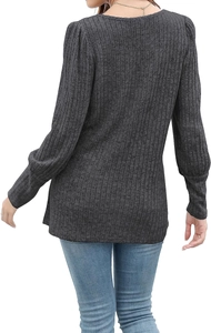 Detail view showing dark grey ribbed knit texture and back fit of long sleeve T-shirt