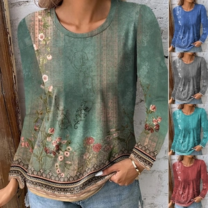 T-Shirt à Manches Longues pour Femmes Imprimé Floral Paysage Vintage Col Rond Décontracté Coupe Ajustée Style Ethnique