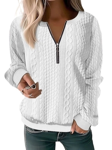 Detail of white cable knit sweatshirt featuring a quarter-zip collar and ribbed texture