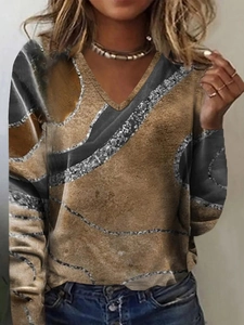 Women Casual V Neck Marble Print Long Sleeve T-Shirt Glitter Texture Slim Fit Autumn Daily Wear Fashion Tops
