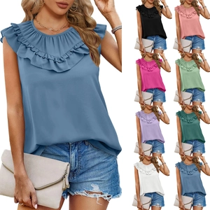 Women Summer Chiffon Ruffle Round Neck Sleeveless Tank Top Casual Loose Pleated Solid Color Office Commuter Blouse Shirt