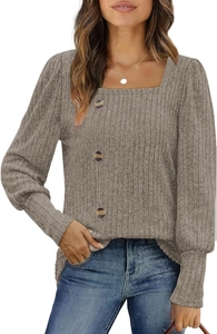 Detail of square neck knit top featuring decorative buttons and ribbed texture