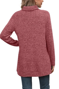 Detailed back view of a dusty pink high neck ribbed sweater with wide hem craftsmanship