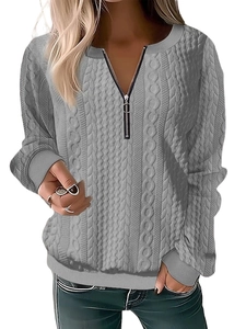 Detail of light grey cable knit texture and silver zipper on women's long sleeve sweater