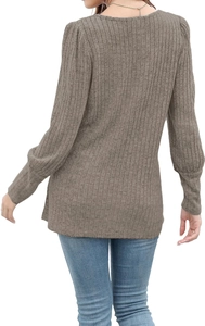 Close-up of women's ribbed long sleeve t-shirt in coffee brown with soft cuff details
