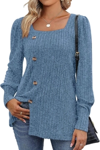 Close-up of blue square neck knit top with vertical ribbing and gold decorative buttons