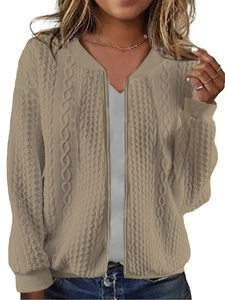 Detailed cable knit pattern on khaki zip-up baseball collar sweatshirt jacket for women