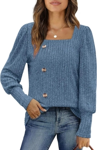 Detail view of the square neckline and decorative brown buttons on the ribbed knit shirt