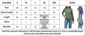 Size chart table for V-neck floral print long sleeve blouse showing bust and length