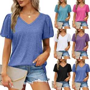 T-Shirt à Col en V et Manches Bouffantes pour Femmes Décontracté Coupe Slim Couleur Unie Haut Été
