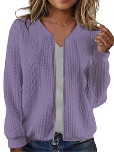 Close-up of women's purple cable knit cardigan featuring a zipper and ribbed cuffs
