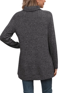 Rear view of dark grey ribbed knit turtleneck top with long sleeves and side slit details