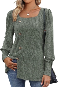 Women's slim fit square neck long sleeve knit top in sage green with side buttons