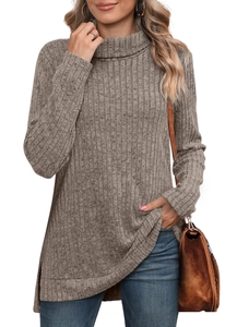 Taupe ribbed knit long sleeve turtleneck sweater with side slits and high-low hem