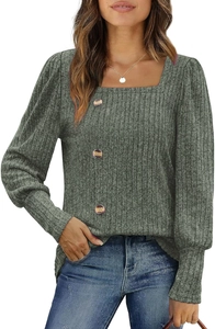 Detail of square neckline with decorative wooden buttons on ribbed knit long sleeve top