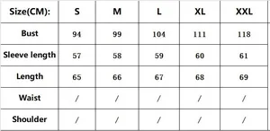 Size chart for women's color block long sleeve t-shirt showing bust and length in cm