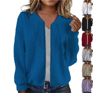 Women Casual Cable Knit Zipper Hoodie Stand Collar Long Sleeve Solid Color Warm Knitting Jacket Outerwear Cardigan Top