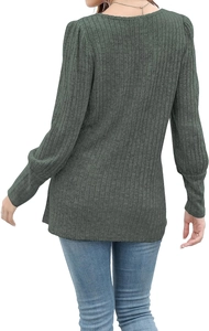 Back view of a slim-fit dark green ribbed knit long sleeve top with puff shoulders