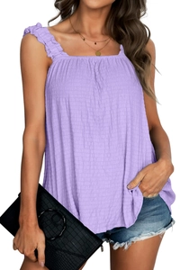 Light purple smocked tank top with ruffled straps and a feminine square neckline