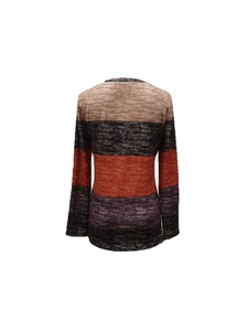 Detailed back view of a marled knit long sleeve tee with colorful horizontal stripes