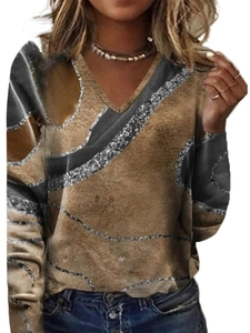 Women's V-neck long sleeve top with earth tone marble rock texture print pattern