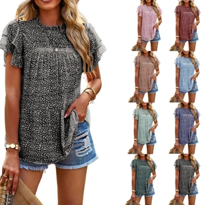 Women Casual Chiffon Blouse Polka Dot Flutter Sleeve Top Ruffle Stand Collar Peplum Hem Summer Fashion Elegant Shirt