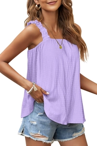 Detail view of the light purple sleeveless tank top showing textured pleated fabric and ruffles