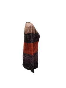 Close-up of color-block knit sweater texture with brown, orange, and gray stripes
