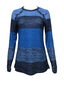 Detail showing vintage shoulder buttons and striped knit texture of long sleeve t-shirt