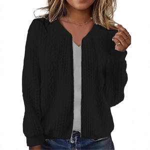 Women's black cable-knit zip-up jacket with ribbed cuffs and silver metal zipper detail