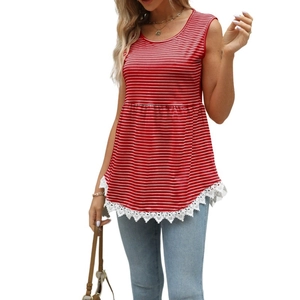 Women's sleeveless red and white striped tank top with wide white lace hem detailing