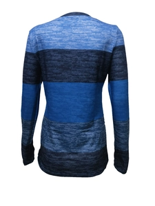 Rear view of a slim-fit women long sleeve top featuring blue gradient horizontal stripes