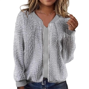 Women's autumn grey cable knit cardigan with full-zip closure and stylish stand collar