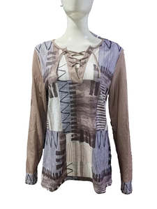 Women V-neck long sleeve t-shirt featuring geometric print and lace-up neck design